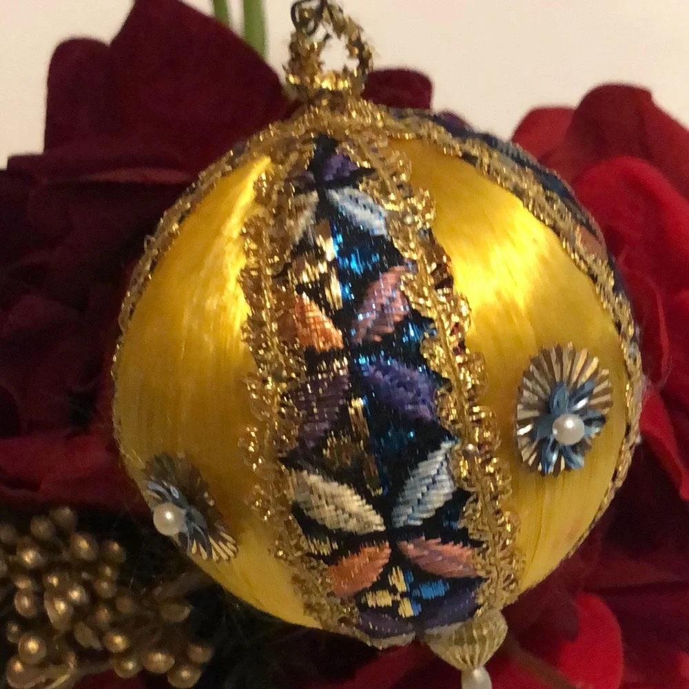 Gold Silk Ball Ornament Yellow Silk beaded ornament mid century Christmas